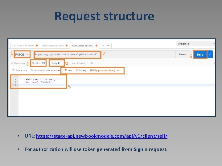 Request structure • URL: https: //stage-api. newbookmodels. com/api/v 1/client/self/ • For authorization will use