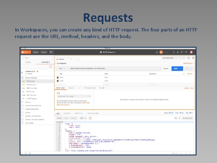 Requests In Workspaces, you can create any kind of HTTP request. The four parts