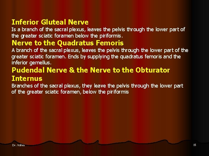 Inferior Gluteal Nerve Is a branch of the sacral plexus, leaves the pelvis through