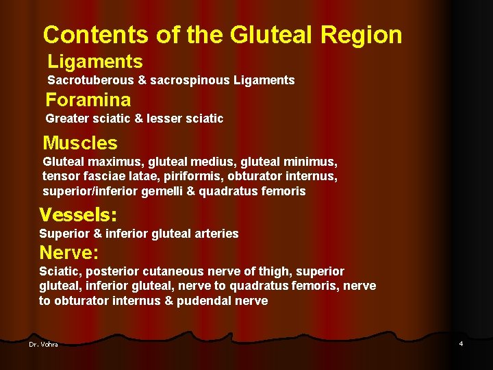 Contents of the Gluteal Region Ligaments Sacrotuberous & sacrospinous Ligaments Foramina Greater sciatic &