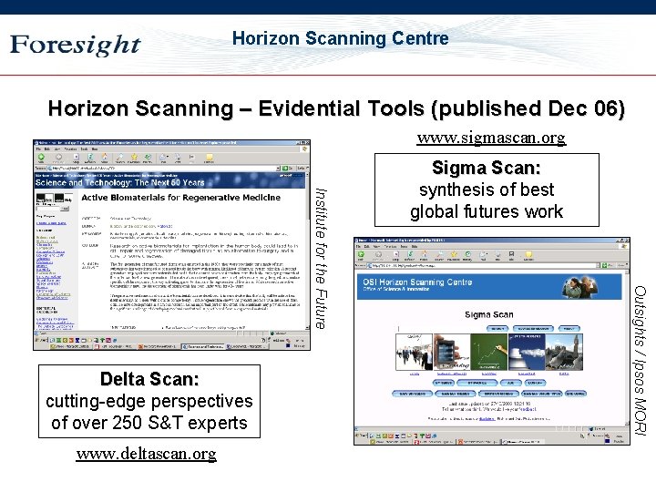 OST Horizon Scanning Centre Horizon Scanning – Evidential Tools (published Dec 06) www. sigmascan.