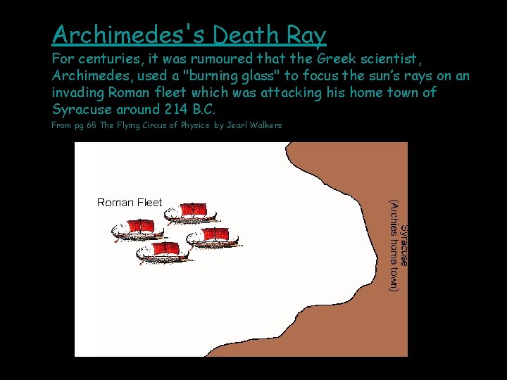 Archimedes's Death Ray For centuries, it was rumoured that the Greek scientist, Archimedes, used