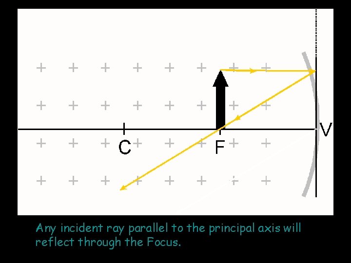 Any incident ray parallel to the principal axis will reflect through the Focus. 