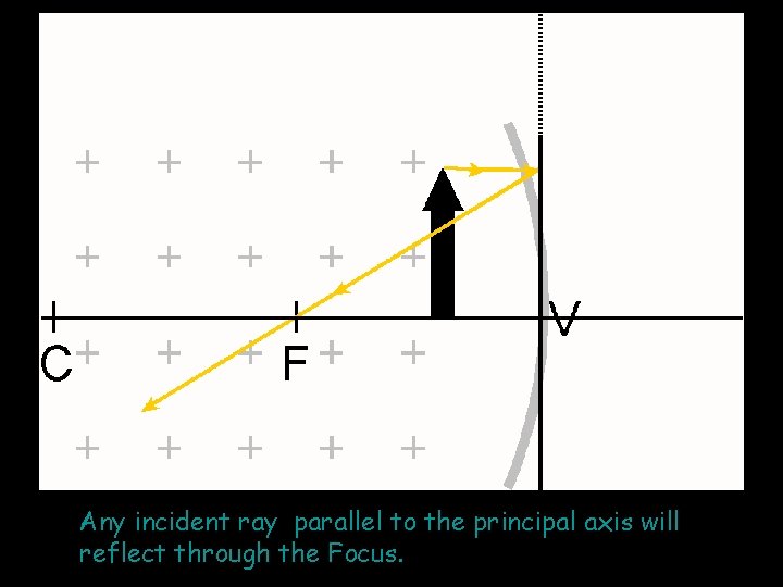 Any incident ray parallel to the principal axis will reflect through the Focus. 