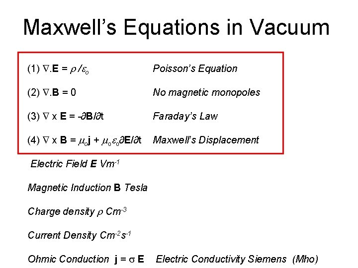 Maxwell’s Equations in Vacuum (1) . E = r / o Poisson’s Equation (2)