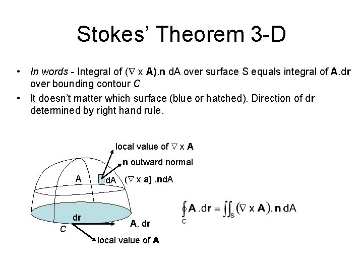 Stokes’ Theorem 3 -D • In words - Integral of ( x A). n