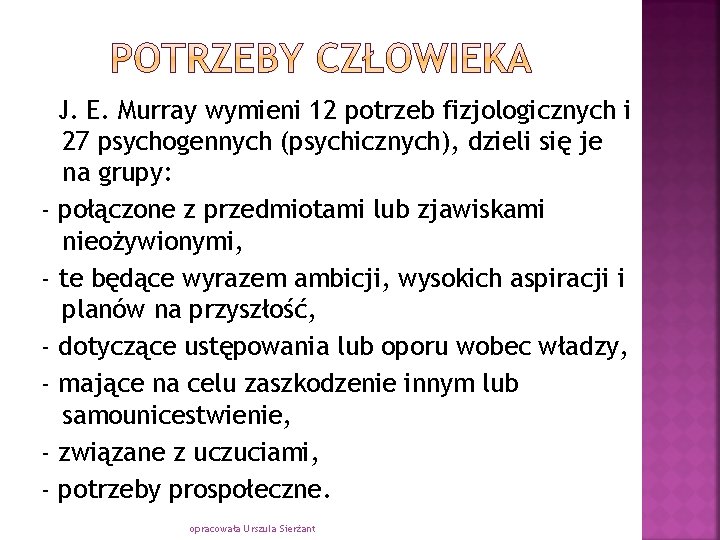 J. E. Murray wymieni 12 potrzeb fizjologicznych i 27 psychogennych (psychicznych), dzieli się je