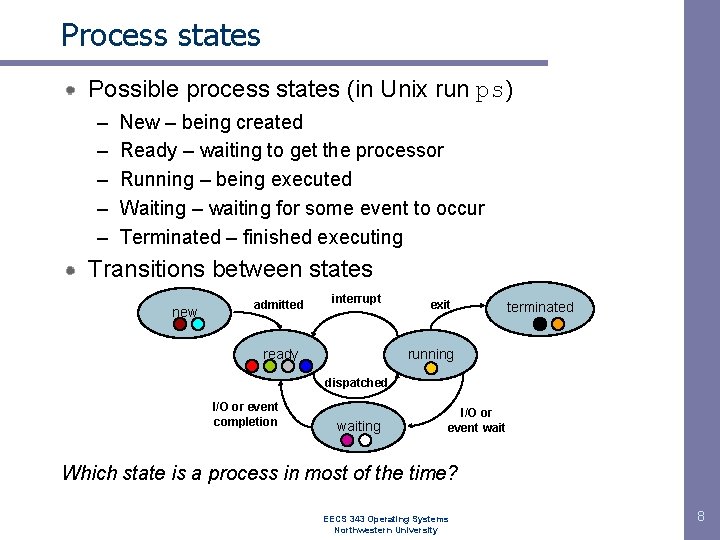 Process states Possible process states (in Unix run ps) – – – New –
