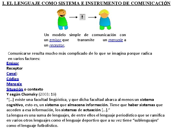 I. EL LENGUAJE COMO SISTEMA E INSTRUMENTO DE COMUNICACIÓN Un modelo simple de comunicación I. EL LENGUAJE COMO SISTEMA E INSTRUMENTO DE COMUNICACIÓN Un modelo simple de comunicación
