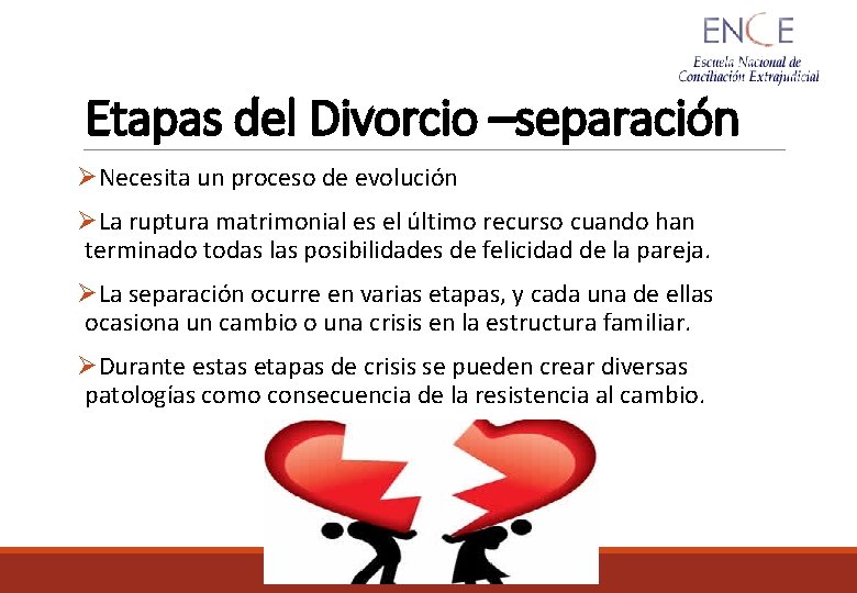 Etapas del Divorcio –separación ØNecesita un proceso de evolución ØLa ruptura matrimonial es el