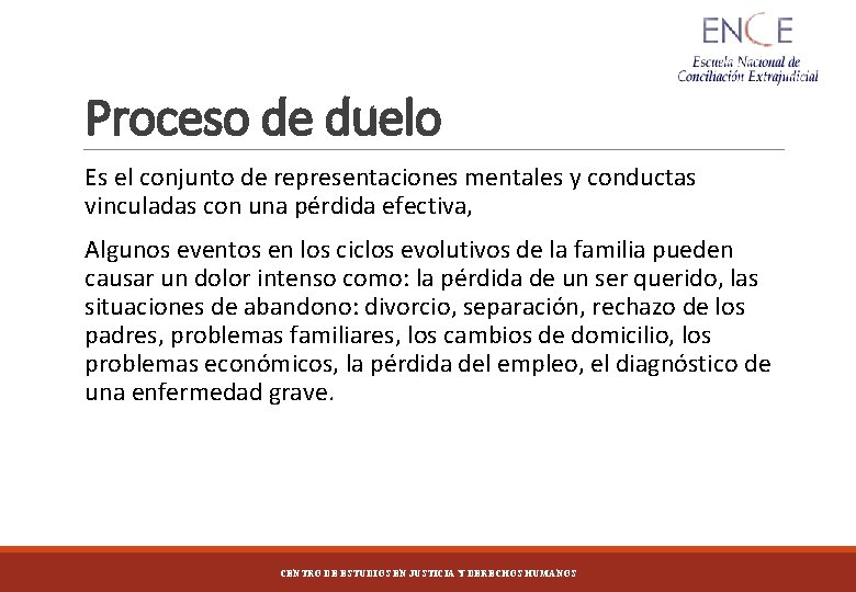 Proceso de duelo Es el conjunto de representaciones mentales y conductas vinculadas con una