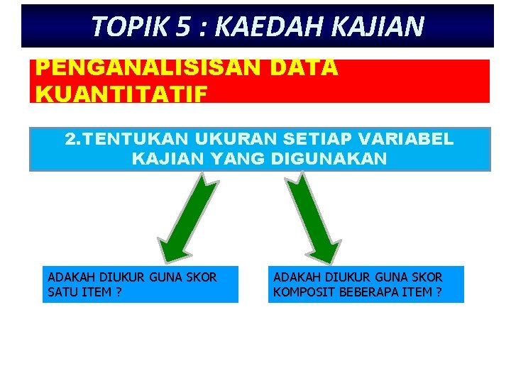 TOPIK 5 : KAEDAH KAJIAN PENGANALISISAN DATA KUANTITATIF 2. TENTUKAN UKURAN SETIAP VARIABEL KAJIAN TOPIK 5 : KAEDAH KAJIAN PENGANALISISAN DATA KUANTITATIF 2. TENTUKAN UKURAN SETIAP VARIABEL KAJIAN