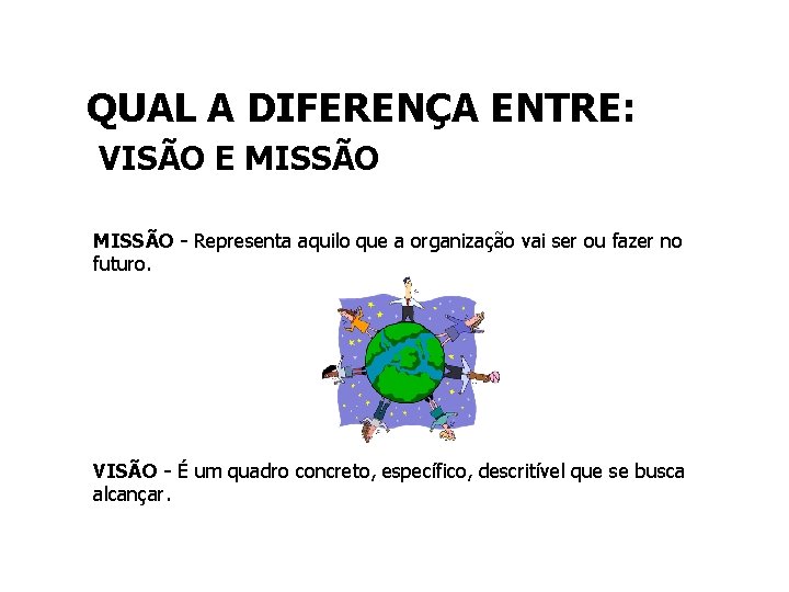 QUAL A DIFERENÇA ENTRE: VISÃO E MISSÃO - Representa aquilo que a organização vai