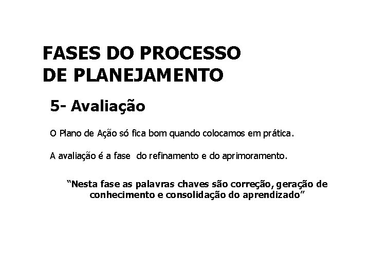 FASES DO PROCESSO DE PLANEJAMENTO 5 - Avaliação O Plano de Ação só fica