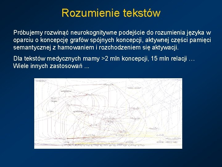 Rozumienie tekstów Próbujemy rozwinąć neurokognitywne podejście do rozumienia języka w oparciu o koncepcję grafów