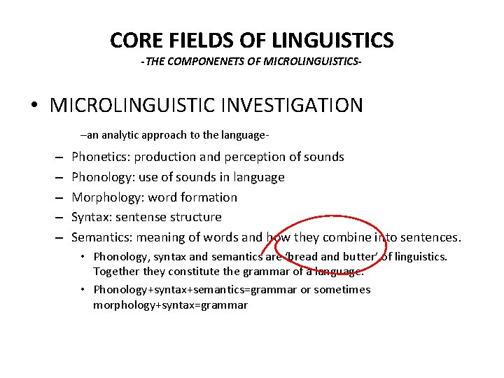 CORE FIELDS OF LINGUISTICS -THE COMPONENETS OF MICROLINGUISTICS- • MICROLINGUISTIC INVESTIGATION –an analytic approach CORE FIELDS OF LINGUISTICS -THE COMPONENETS OF MICROLINGUISTICS- • MICROLINGUISTIC INVESTIGATION –an analytic approach