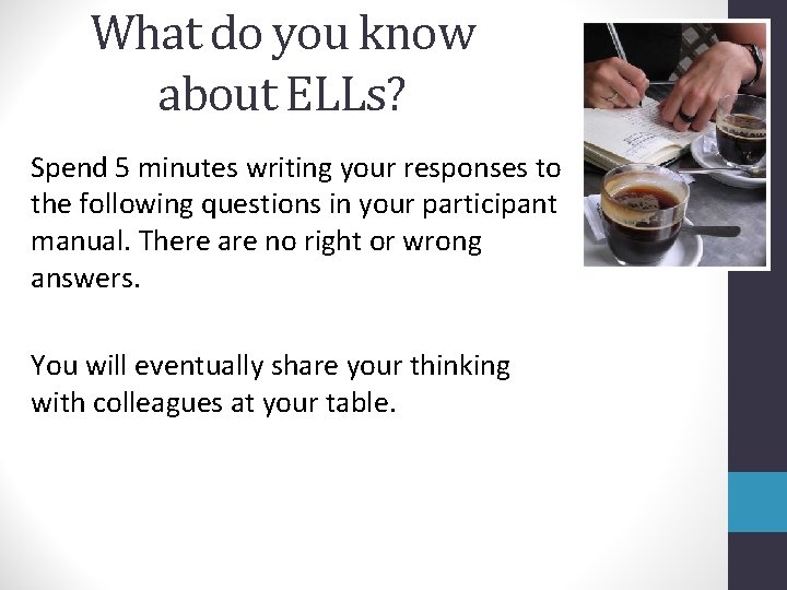 What do you know about ELLs? Spend 5 minutes writing your responses to the
