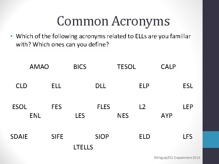 Common Acronyms • Which of the following acronyms related to ELLs are you familiar