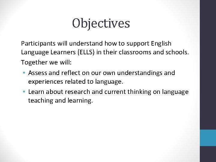 Objectives Participants will understand how to support English Language Learners (ELLS) in their classrooms