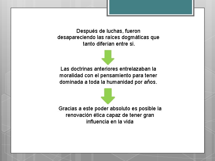 Después de luchas, fueron desapareciendo las raíces dogmáticas que tanto diferían entre si. Las