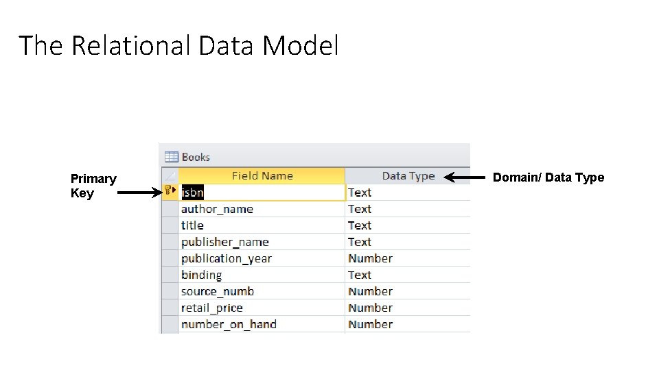 The Relational Data Model Primary Key Domain/ Data Type 