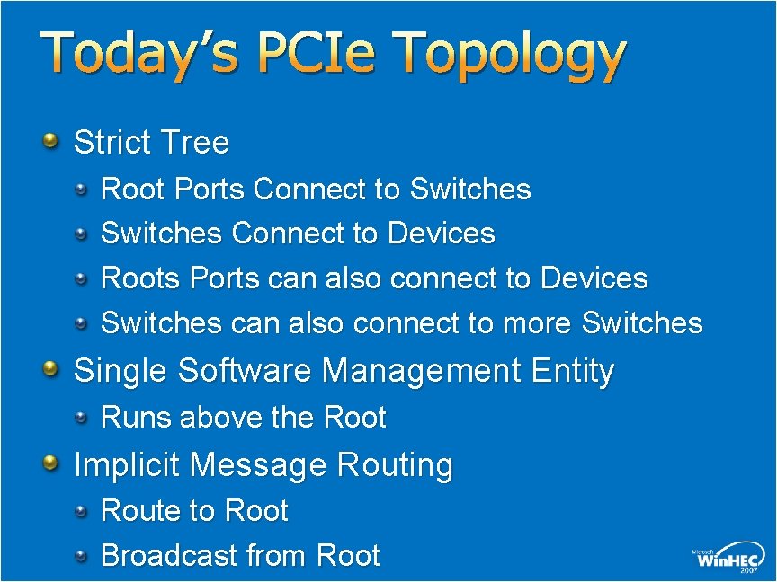 Today’s PCIe Topology Strict Tree Root Ports Connect to Switches Connect to Devices Roots Today’s PCIe Topology Strict Tree Root Ports Connect to Switches Connect to Devices Roots