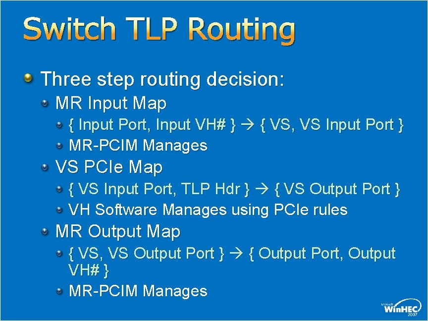 Switch TLP Routing Three step routing decision: MR Input Map { Input Port, Input Switch TLP Routing Three step routing decision: MR Input Map { Input Port, Input