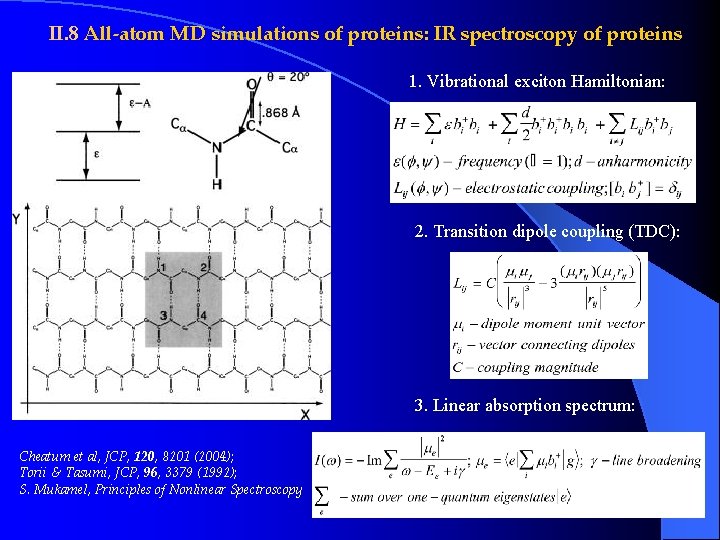 II. 8 All-atom MD simulations of proteins: IR spectroscopy of proteins 1. Vibrational exciton II. 8 All-atom MD simulations of proteins: IR spectroscopy of proteins 1. Vibrational exciton