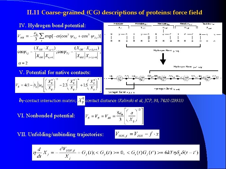 II. 11 Coarse-grained (CG) descriptions of proteins: force field IV. Hydrogen bond potential: V. II. 11 Coarse-grained (CG) descriptions of proteins: force field IV. Hydrogen bond potential: V.