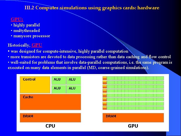 III. 2 Computer simulations using graphics cards: hardware GPU: • highly parallel • multythreaded III. 2 Computer simulations using graphics cards: hardware GPU: • highly parallel • multythreaded