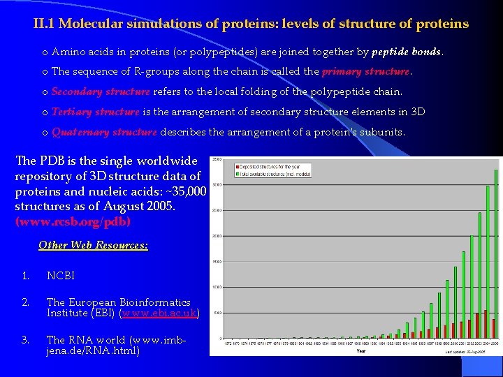 II. 1 Molecular simulations of proteins: levels of structure of proteins o Amino acids II. 1 Molecular simulations of proteins: levels of structure of proteins o Amino acids