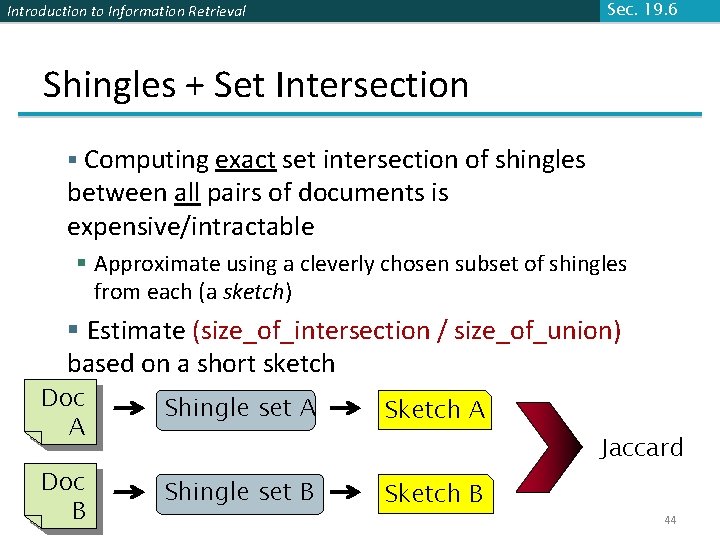 Sec. 19. 6 Introduction to Information Retrieval Shingles + Set Intersection § Computing exact