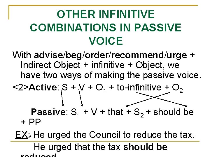 OTHER INFINITIVE COMBINATIONS IN PASSIVE VOICE With advise/beg/order/recommend/urge + Indirect Object + infinitive +