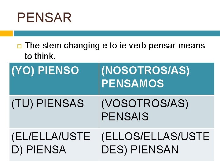 PENSAR The stem changing e to ie verb pensar means to think. (YO) PIENSO