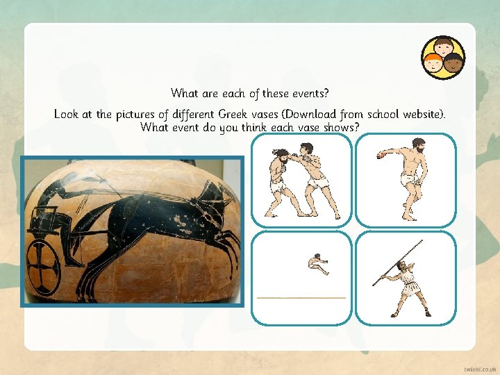 What are each of these events? Look at the pictures of different Greek vases