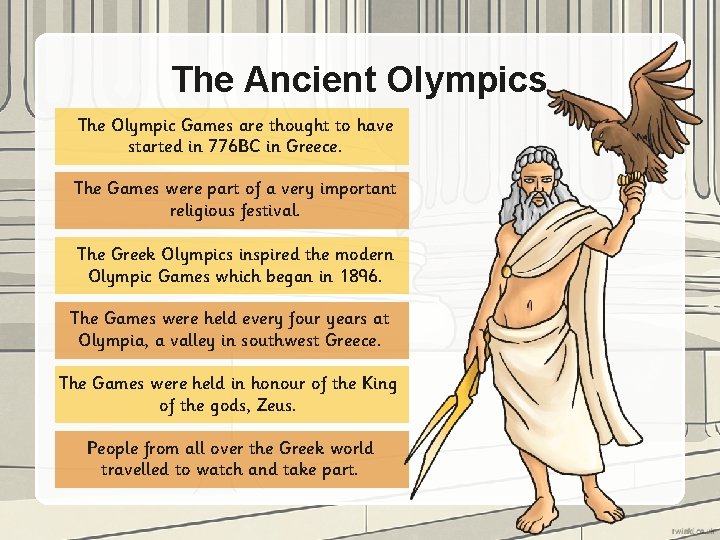 The Ancient Olympics The Olympic Games are thought to have started in 776 BC