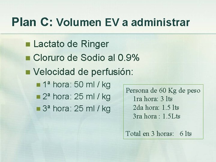 Plan C: Volumen EV a administrar Lactato de Ringer n Cloruro de Sodio al