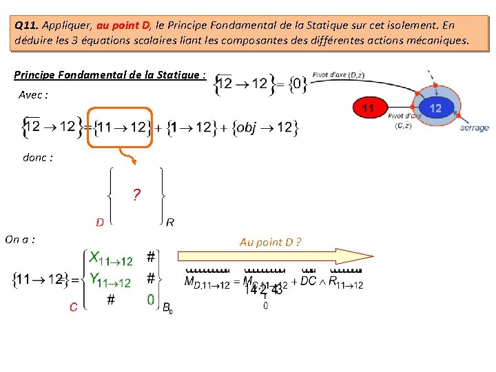 Q 11. Appliquer, au point D, le Principe Fondamental de la Statique sur cet