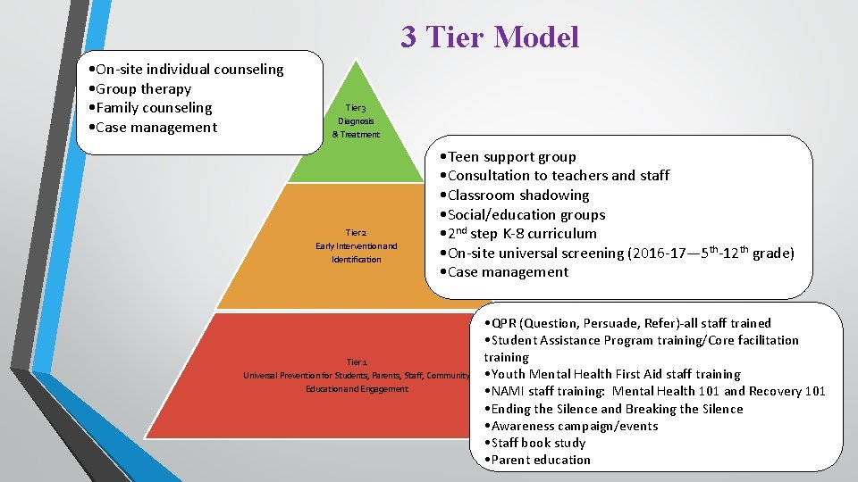 3 Tier Model • On-site individual counseling • Group therapy • Family counseling •