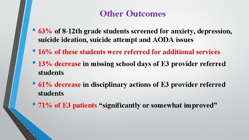 Other Outcomes • 63% of 8 -12 th grade students screened for anxiety, depression,