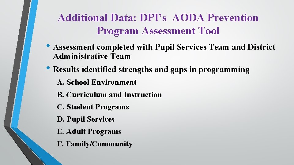 Additional Data: DPI’s AODA Prevention Program Assessment Tool • Assessment completed with Pupil Services