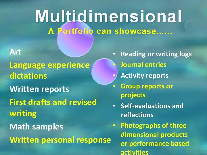 Multidimensional A Portfolio can showcase…… Art • • Language experience • dictations • Written Multidimensional A Portfolio can showcase…… Art • • Language experience • dictations • Written