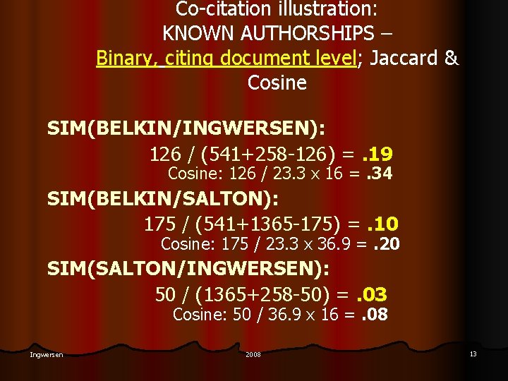 Co-citation illustration: KNOWN AUTHORSHIPS – Binary, citing document level; Jaccard & Cosine SIM(BELKIN/INGWERSEN): 126