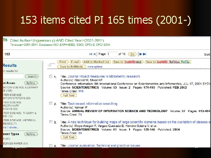 153 items cited PI 165 times (2001 -) Ingwersen 2008 21 