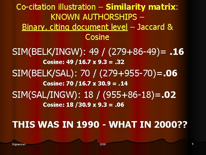 Co-citation illustration – Similarity matrix: KNOWN AUTHORSHIPS – Binary, citing document level – Jaccard
