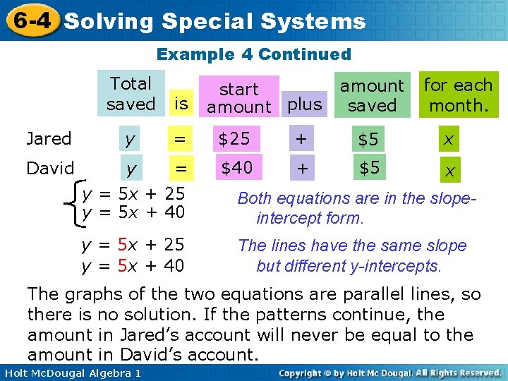6 -4 Solving Special Systems Example 4 Continued Jared David Total saved is y 6 -4 Solving Special Systems Example 4 Continued Jared David Total saved is y