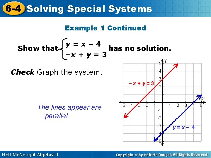 6 -4 Solving Special Systems Example 1 Continued Show that y=x– 4 has no 6 -4 Solving Special Systems Example 1 Continued Show that y=x– 4 has no