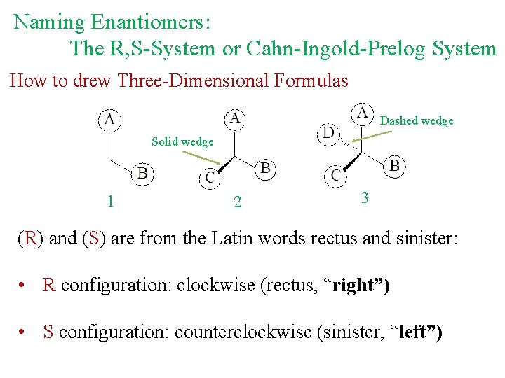 Naming Enantiomers: The R, S-System or Cahn-Ingold-Prelog System How to drew Three-Dimensional Formulas Dashed Naming Enantiomers: The R, S-System or Cahn-Ingold-Prelog System How to drew Three-Dimensional Formulas Dashed