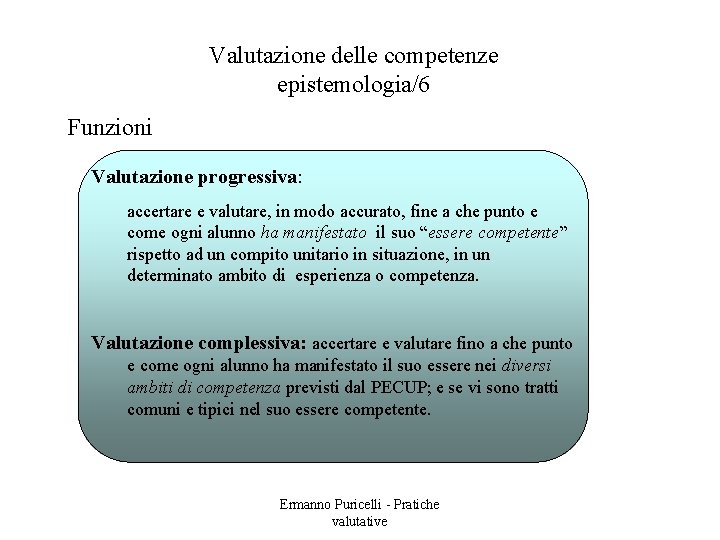 Valutazione delle competenze epistemologia/6 Funzioni Valutazione progressiva: accertare e valutare, in modo accurato, fine