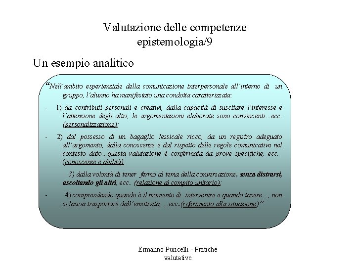 Valutazione delle competenze epistemologia/9 Un esempio analitico “Nell’ambito esperienziale della comunicazione interpersonale all’interno di